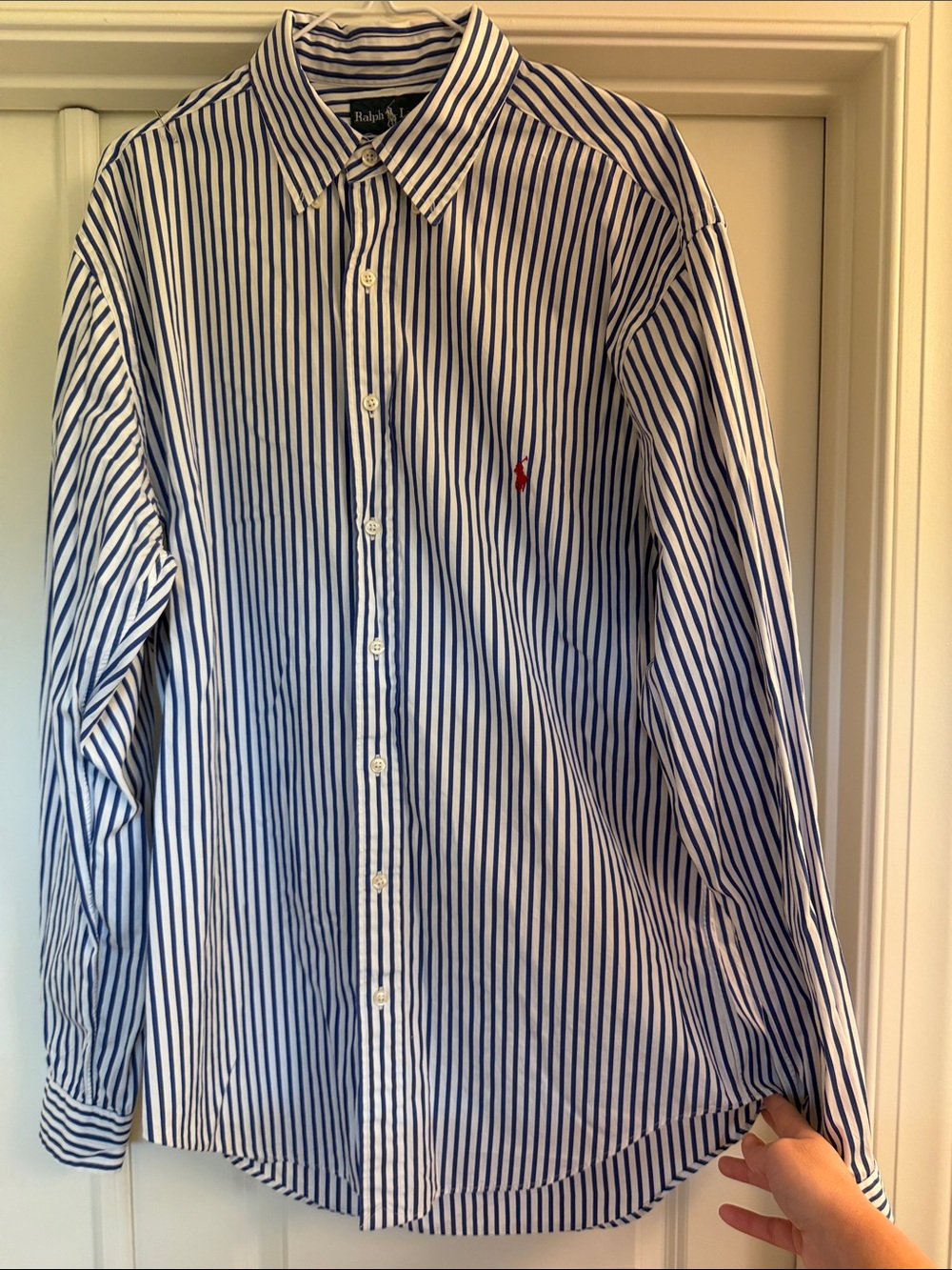 Ralph Lauren Men’s White Shirt with Blue Vertical Stripes and Red Polo Logo
